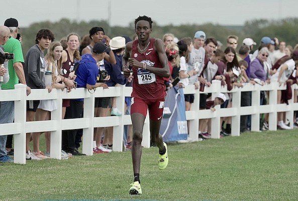 Arkansas' Patrick Kiprop nears the finish line during the NCAA South Central Region race Friday, Nov. 11, 2022, in College Station, Texas.