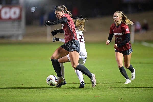 Arkansas' Jessica De Filippo possesses the ball during an NCAA Tournament game against Missouri State on Friday, Nov. 11, 2022, in Fayetteville. De Filippo scored three goals to help the Razorbacks to a 6-0 victory.