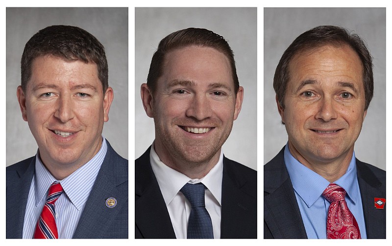 From left, state Sens.-elect Joshua Bryant, R-Rogers; Tyler Dees, R-Siloam Springs; and Jim Petty, R-Van Buren, are shown in these undated file photos. All three are among the freshman class of the state Senate after their elections in 2022. (Courtesy photos)