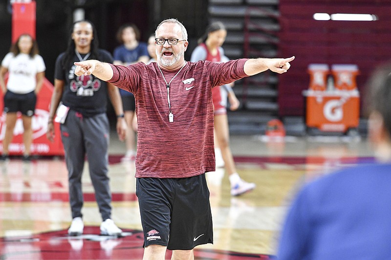Arkansas head coach Mike Neighbors leads practice, Thursday, Sept. 29, 2022, at Bud Walton Arena in Fayetteville. Visit nwaonline.com/220930Daily/ for today's photo gallery..(NWA Democrat-Gazette/Hank Layton)