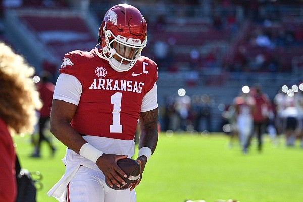 Arkansas quarterback KJ Jefferson (1) warms up, Saturday, Nov. 5, 2022, before kickoff against Liberty at Donald W. Reynolds Razorback Stadium in Fayetteville. Visit nwaonline.com/221106Daily/ for the photo gallery.