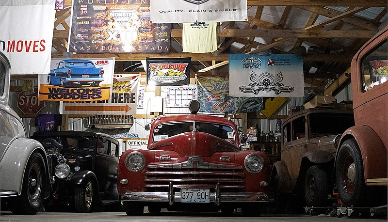 The “toy box” at Mica and Rusty Baldwin’s Brazito home houses several classic cars.