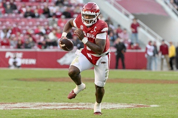 Arkansas quarterback KJ Jefferson (1) runs the ball against Liberty during the second half of an NCAA college football game Saturday, Nov. 5, 2022, in Fayetteville, Ark. (AP Photo/Michael Woods)