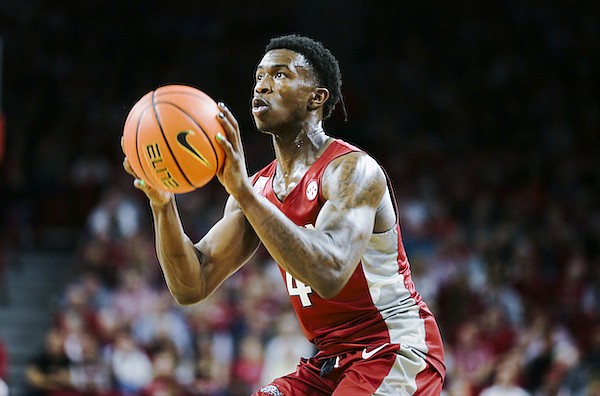 Arkansas guard Davonte Davis looks to shoot during a game against Fordham on Friday, Nov. 11, 2022, in Fayetteville.