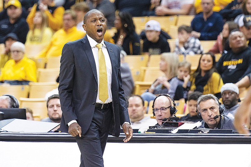 Missouri coach Dennis Gates calls a play during the first half of Sunday's game against Lindenwood at Mizzou Arena in Columbia. (Associated Press)