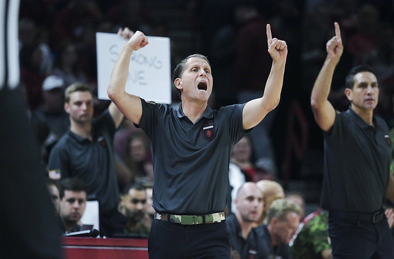 Arkansas head coach Eric Musselman reacts, Friday, November 11, 2022 during the first half of a basketball game at Bud Walton Arena in Fayetteville. Visit nwaonline.com/221112Daily/ for today's photo gallery...(NWA Democrat-Gazette/Charlie Kaijo)