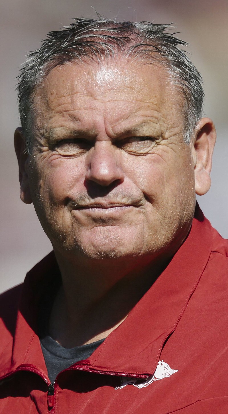 Arkansas head coach Sam Pittman looks on, Saturday, October 8, 2022 before the start of a football game at Davis Wade Stadium in Starkville.
(NWA Democrat-Gazette/Charlie Kaijo)