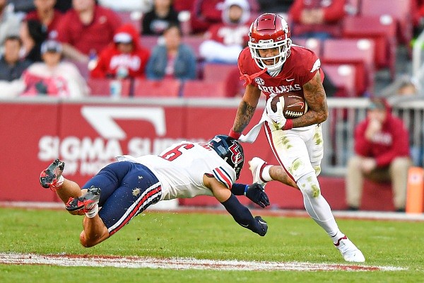 Arkansas wide receiver Jadon Haselwood on Saturday, Nov. 5, 2022, during the fourth quarter of the Razorbacks’ 21-19 loss to Liberty at Reynolds Razorback Stadium in Fayetteville.