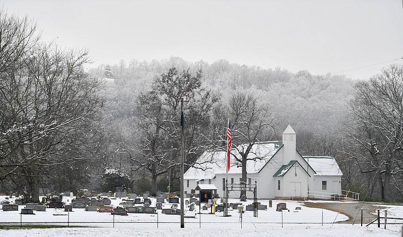 Snow covers the landscape Tuesday around Baptist Ford Community Church along the West Fork of the White River in southern Washington County. The U.S. Religion Census, which was released this month, was able to locate 7,428 houses of worship within Arkansas.
(NWA Democrat-Gazette/Andy Shupe)