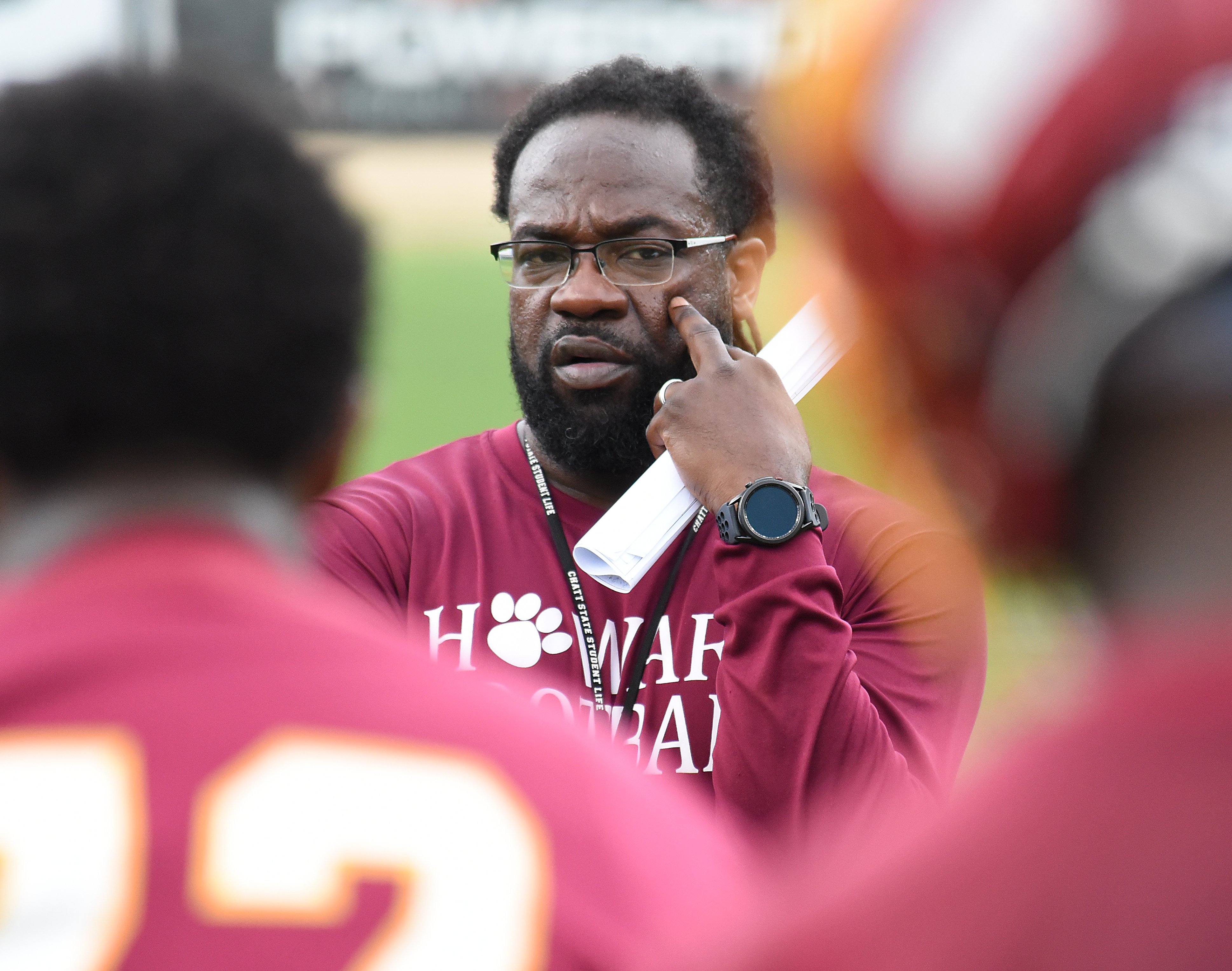 Staff Photo by Matt Hamilton / Head coach Dedric Maffet watches a play unfold during a practice at the Howard School on Monday, July 26, 2021.