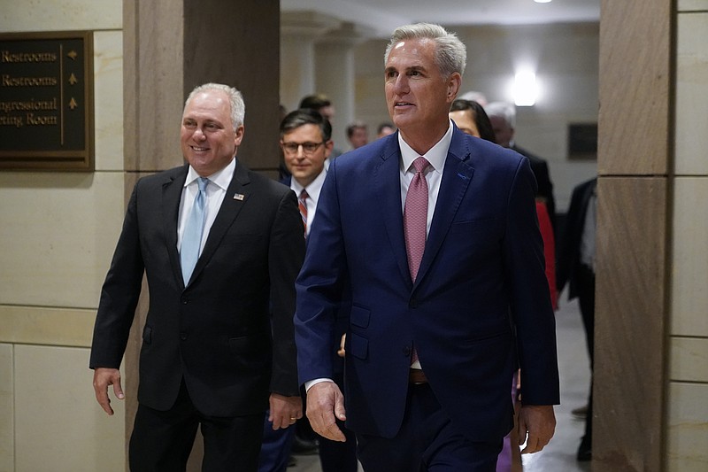 FILE - House Minority Leader Kevin McCarthy of Calif., right, and House Minority Whip Steve Scalise, R-La., arrive to speak with members of the press after a House Republican leadership meeting, Nov. 15, 2022, on Capitol Hill in Washington. (AP Photo/Patrick Semansky)