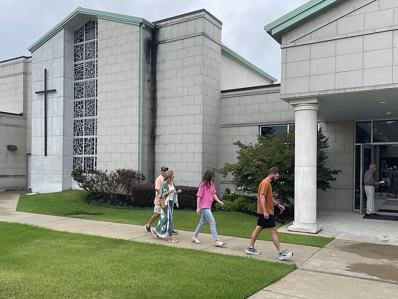 People arrive at First United Methodist Church in Jonesboro for a disaffiliation vote in this July 31, 2022 file photo. (Arkansas Democrat-Gazette/Frank E. Lockwood)