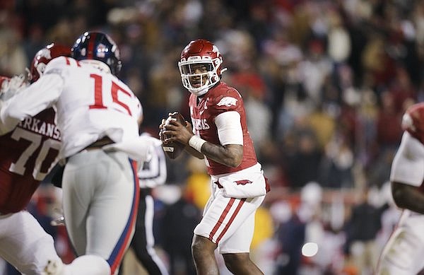 Arkansas quarterback KJ Jefferson looks to pass during a game against Ole Miss on Saturday, Nov. 19, 2022, in Fayetteville.