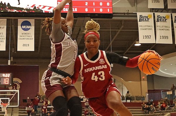 Arkansas guard Makayla Daniels (43) drives to the basket during a game against Arkansas-Little Rock on Sunday, Nov. 20, 2022, at Stephens Center in Little Rock.