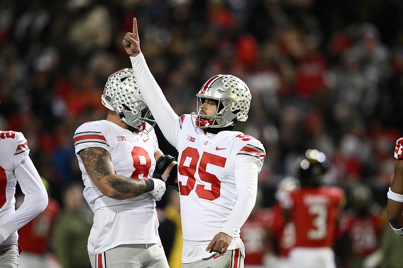 Ohio State place kicker Noah Ruggles (95) celebrates a field goal during the second half of an NCAA college football game against Maryland, Saturday, Nov. 19, 2022, in College Park, Md. Ohio State won 43-30. (AP Photo/Nick Wass)