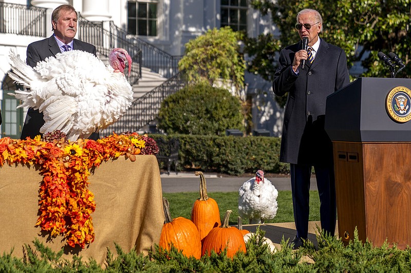 President Joe Biden, accompanied by Ronald Parker, Chairman of the National Turkey Federation, left, speaks next to Chocolate, the national Thanksgiving turkey, left, during a pardoning ceremony at the White House in Washington, Monday, Nov. 21, 2022. Chip, the national Thanksgiving turkey, is at bottom right. (AP Photo/Andrew Harnik)