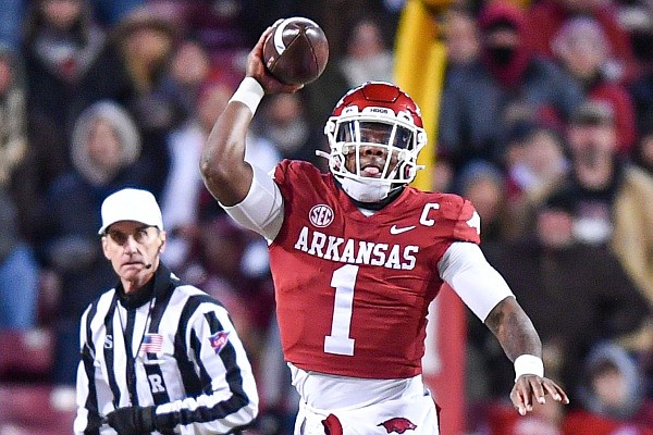 Arkansas quarterback KJ Jefferson (1) pump-fakes, Saturday, Nov. 19, 2022, during the second quarter against Ole Miss at Reynolds Razorback Stadium in Fayetteville. Visit nwaonline.com/221120Daily/ for the photo gallery. Arkansas quarterback KJ Jefferson (1) pump-fakes, Saturday, Nov. 19, 2022, during the second quarter against Ole Miss at Reynolds Razorback Stadium in Fayetteville. Visit nwaonline.com/221120Daily/ for the photo gallery.