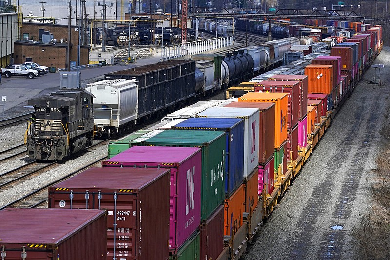 FILE - This April 2, 2021, file photo shows freight train cars and containers at Norfolk Southern Railroad's Conway Yard in Conway, Pa. (AP/Gene J. Puskar, File)