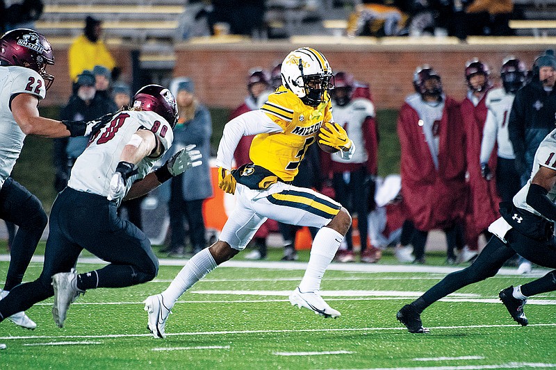 Missouri wide receiver Luther Burden runs after a reception during the third quarter of Saturday night’s game against New Mexico State at Faurot Field in Columbia. (Associated Press)