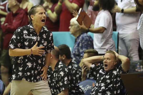Arkansas head coach Eric Musselman reacts on the sidelines as his team takes on Creighton during the second half of an NCAA college basketball game, Tuesday, Nov. 22, 2022, in Lahaina, Hawaii. (AP Photo/Marco Garcia)