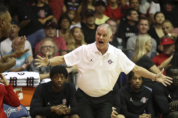 San Diego State head coach Brian Dutcher reacts to a referee's call during the first half of an NCAA college basketball game against Arizona, Tuesday, Nov. 22, 2022, in Lahaina, Hawaii. (AP Photo/Marco Garcia)