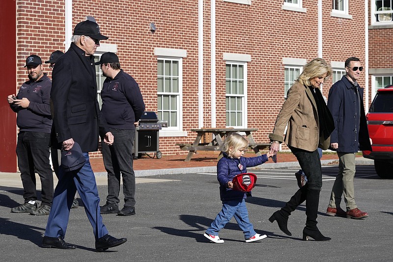 First Lady Jill Biden (right) walks with her grandson Beau Biden and President Joe Biden following a visit with firefighters on Thanksgiving Day at the Nantucket Fire Department Thursday in Nantucket, Mass.
(AP/Susan Walsh)