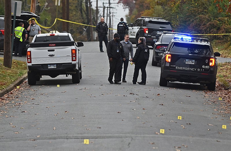 The Little Rock Police Department investigates the scene of a shooting Friday morning in the 2000 block of South Elm Street.
(Arkansas Democrat-Gazette/Staci Vandagriff)