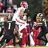 Arkansas receiver Jadon Haselwood (9) catches a pass during a game against Missouri on Friday, Nov. 25, 2022, in Columbia, Mo.
