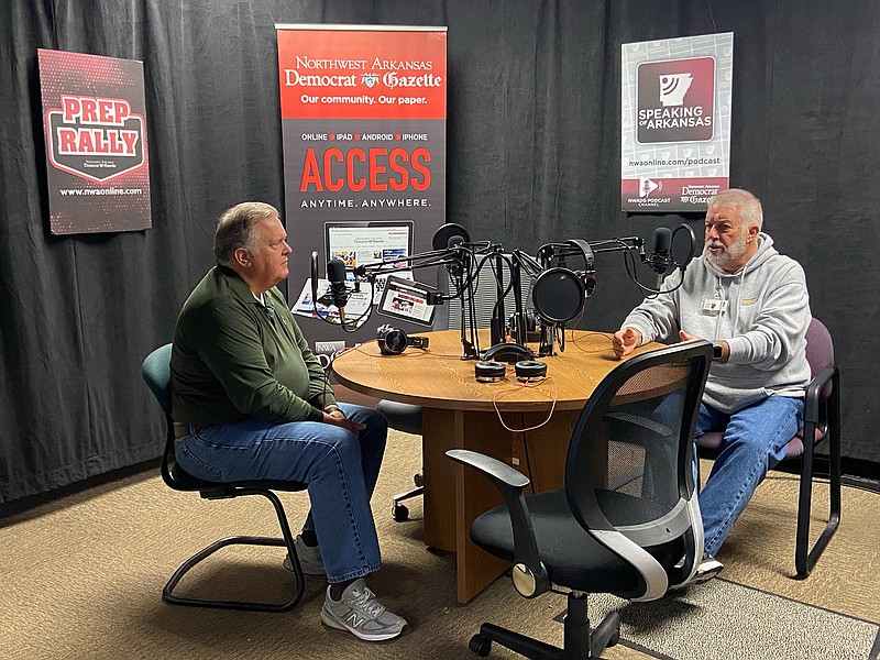 Rusty Turner (left) editor for the Northwest Arkansas Democrat-Gazette and Kent Eikenberry, president/CEO Northwest Arkansas Food Bank, in the NWADG studio.