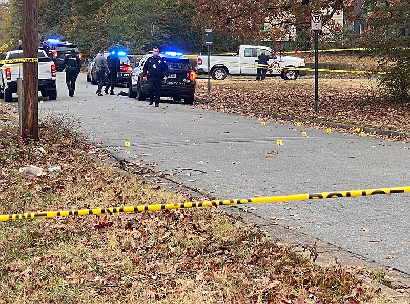 The Little Rock Police Department investigates the scene of a shooting Friday morning in the 2000 block of S. Elm St. (Arkansas Democrat-Gazette/Staci Vandagriff)