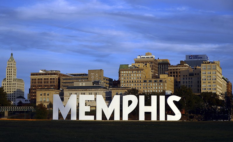 Downtown Memphis rises in the background behind the Memphis sign on Mud Island in Memphis, Tenn., on Oct. 31, 2020. (Patrick Lantrip/Daily Memphian via AP)