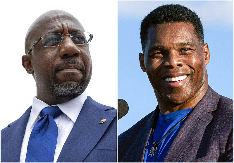 This combination of photos shows, Sen. Raphael Warnock, D-Ga., speaking to reporters on Capitol Hill in Washington, Aug. 3, 2021, left, and Republican Senate candidate Herschel Walker speaking in Perry, Ga., Sept. 25, 2021. (AP)