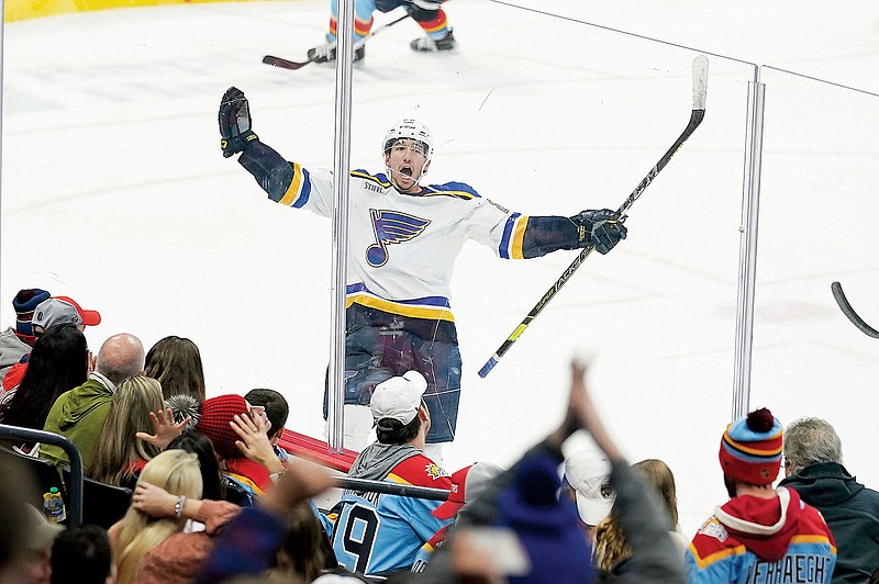 Jordan Kyrou of the Blues celebrates his game-winning goal in overtime during Saturday night’s game against the Panthers in Sunrise, Fla. (Associated Press)