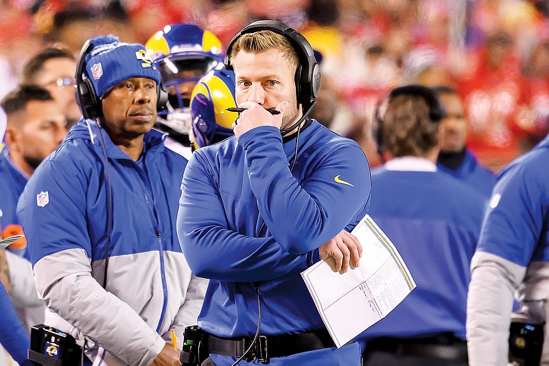 Rams coach Sean McVay looks on during the second half of Sunday’s game against the Chiefs at Arrowhead Stadium in Kansas City. (Associated Press)