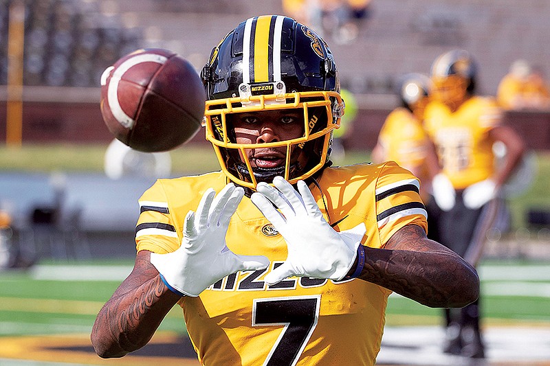 Missouri wide receiver Dominic Lovett warms up before the start of last month’s game against Vanderbilt at Faurot Field in Columbia. (Associated Press)