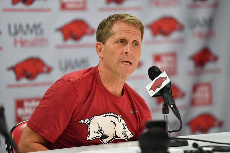 Arkansas coach Eric Musselman speaks Wednesday, July 27, 2022, in Bud Walton Arena in Fayetteville. Visit nwaonline.com/220728Daily/ for today's photo gallery. .(NWA Democrat-Gazette/Andy Shupe)