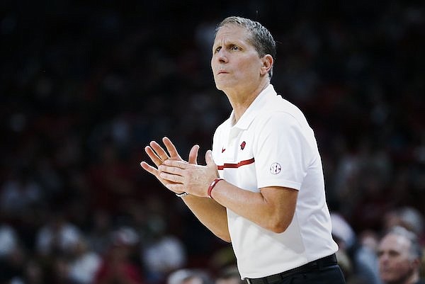 Arkansas coach Eric Musselman is shown during a game against Troy on Monday, Nov. 28, 2022, in Fayetteville.