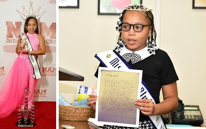 Na'Riya Ackles of Pine Bluff is shown at left at the National American Miss competition in Orlando, Fla., in November 2022, and at right at a meeting of the Watson Chapel School Board on Sept. 12, 2022, displaying an essay she wrote. Na'Riya was named national ambassador at the National American Miss competition. (Left, Special to The Commercial; right, Pine Bluff Commercial/I.C. Murrell)