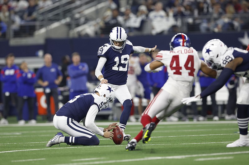 Dallas Cowboys kicker Brett Maher (19) kicks a field goal attempt during an NFL football game against the New York Giants on Thursday, November 24, 2022, in Arlington, Texas. (AP Photo/Matt Patterson)