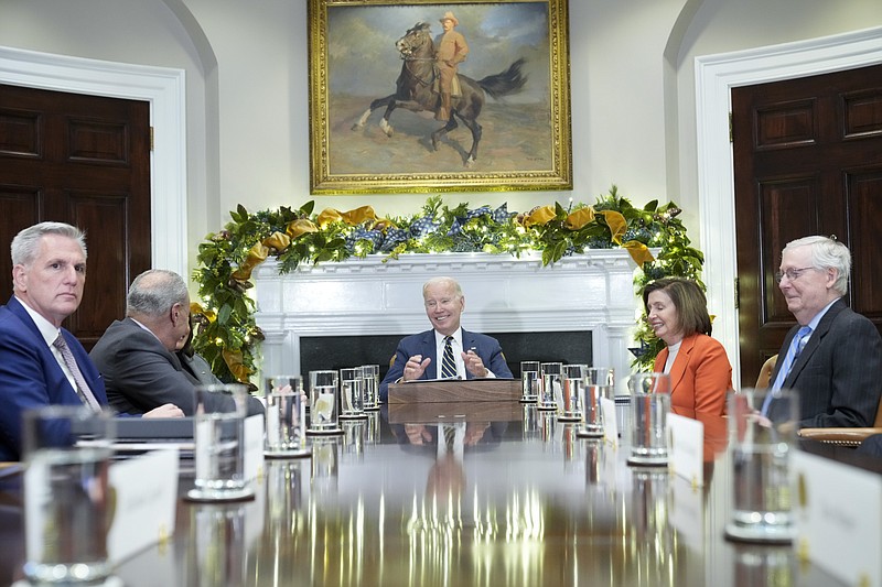 President Joe Biden, center, at the top of a meeting with congressional leaders to discuss legislative priorities for the rest of the year, Tuesday, Nov. 29, 2020, in the Roosevelt Room of the White House in Washington. From left are House Minority Leader Kevin McCarthy of Calif., Senate Majority Leader Chuck Schumer, of N.Y., Biden, House Speaker Nancy Pelosi of Calif., and Senate Minority Leader Mitch McConnell of Ky. (AP Photo/Andrew Harnik)