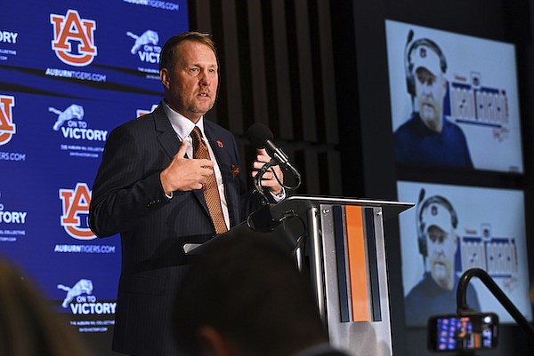 Auburn football coach Hugh Freeze talks after being introduced at a news conference Tuesday, Nov. 29, 2022, in Auburn, Ala. (AP Photo/Todd Van Emst)