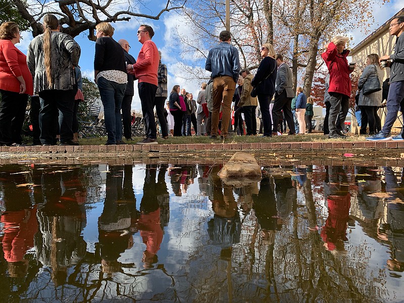 A crowd gathers for the Fine Arts Center renovation groundbreaking ceremony Tuesday,, Nov. 29, 2022 at the University of Arkansas in Fayetteville. (NWA Democrat-Gazette/ANDY SHUPE).