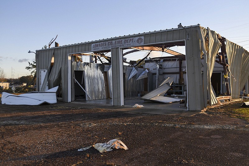 The Lowndes County Fire Department District One building in Mississippi shows the extensive damage
from a possible Tuesday night tornado on Wednesday morning.
(AP/The Commercial Dispatch/Deanna Robinson)