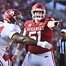 Arkansas offensive lineman Ricky Stromberg (51) gets ready to run a play against Alabama during an NCAA college football game Saturday, Oct. 1, 2022, in Fayetteville. (AP Photo/Michael Woods)