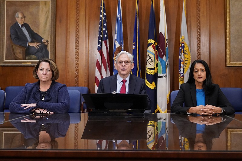 Attorney General Merrick Garland (center) speaks at a news conference about the Justice Department’s intervention to try to bring improvements to the beleaguered water system Wednesday in Jackson, Miss., at the Justice Department in Washington.
(AP/Patrick Semansky)
