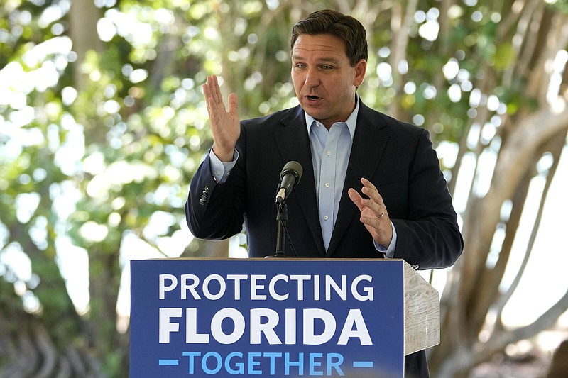 Florida Gov. Ron DeSantis speaks during a news conference Thursday at Bill Baggs Cape Florida State Park on Key Biscayne, Fla. The Governor announced increased funding for the environmental protection of Biscayne Bay.
(AP Photo/Lynne Sladky)