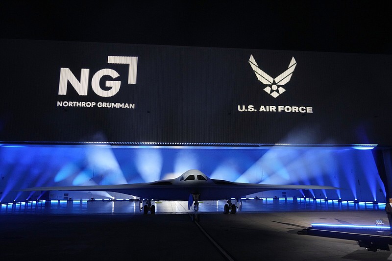 The B-21 Raider, America’s newest nuclear stealth bomber, is unveiled at Northrop Grumman late Friday in Palmdale, Calif. The plane made its debut after years of secret development and as part of the Pentagon’s answer to rising concerns over a future conflict with China.
(AP/Marcio Jose Sanchez)
