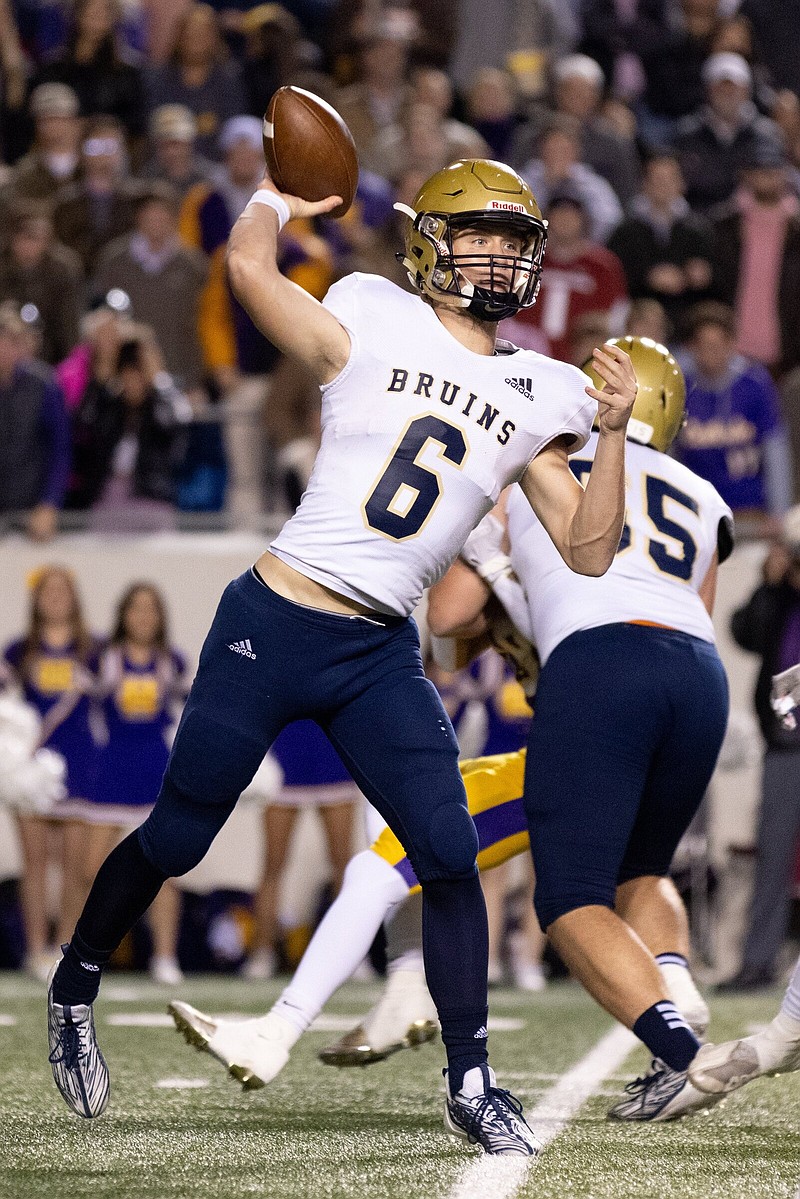 Pulaski Academy quarterback Kel Busby, who is second in the state with 3,782 passing yards, leads the Bruins in the Class 6A state championship game against Greenwood. The Bulldogs won the first matchup between the teams 33-23 on Oct. 28.
(Arkansas Democrat-Gazette/Justin Cunningham)