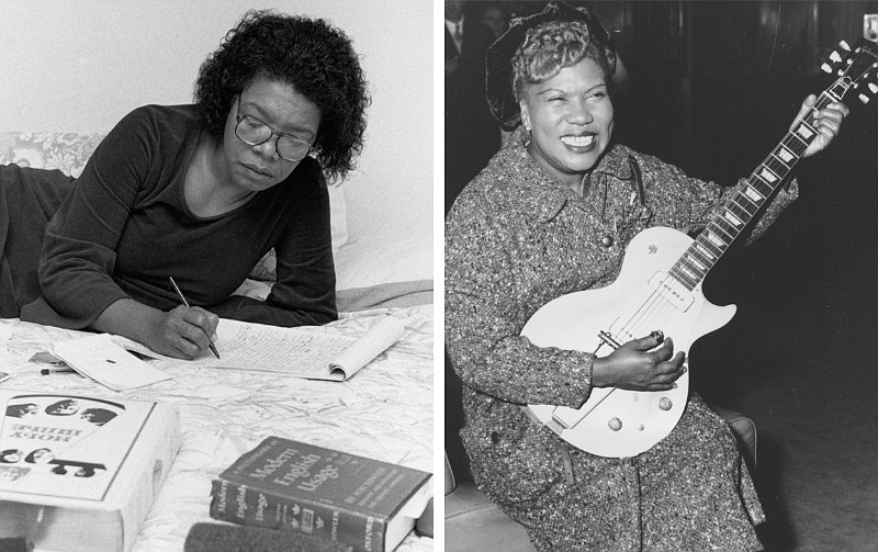 Maya Angelou (left) is shown in Winston-Salem, N.C. in 1982, and Rosetta Tharpe is shown in an undated file photo. Angelou, who spent part of her childhood in Stamps, and Tharpe, a native of Cotton Plant, are featured in a new exhibit at the National Museum of African American History and Culture titled “Spirit in the Dark: Religion in Black Music, Activism and Popular Culture.” (Left, Johnson Publishing Company Archive; Courtesy J. Paul Getty Trust and Smithsonian National Museum of African American History and Culture; right, AP file photo)
