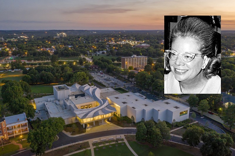 Jeannette Edris Rockefeller (inset), the former Arkansas first lady, will have a gallery named for her in the new Arkansas Museum of Fine Arts building in Little Rock, shown here in an aerial photo taken from the north. (Main photo, courtesy of Tim Hursley; inset, Arkansas Democrat-Gazette file photo)